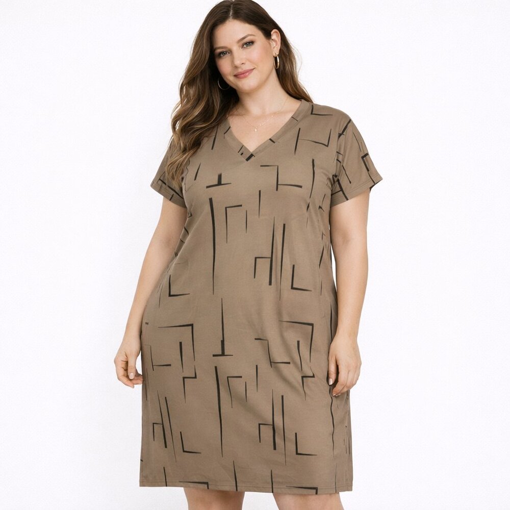 MISSLOOK Tan Midi Dress Black Geometric Pattern 3XL